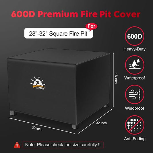 Zettum Fire Pit Cover Square 32 Inch - Outdoor Firepit Cover Heavy Duty & Waterproof, 600D Patio Fire Table Cover Gas Fire Pit Accessories Fit 32" Yaheetech Firepit - 32 x 32 x 16 Inch