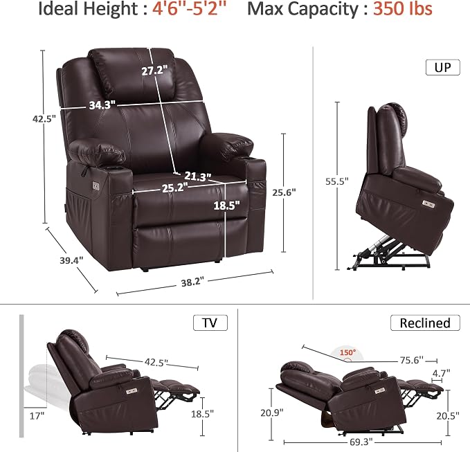 MCombo Power Lift Recliner Chair for Elderly R7042(Dark Brown, Small-Wide) | Heat and Massage, Breathable Faux Leather, USB& Type C Charging Port, FSC Certified