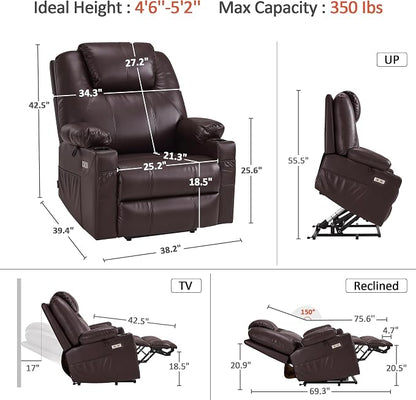 MCombo Power Lift Recliner Chair for Elderly R7042(Dark Brown, Small-Wide) | Heat and Massage, Breathable Faux Leather, USB& Type C Charging Port, FSC Certified