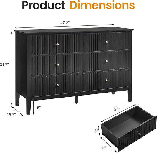 RoyalCraft Black 6 Drawer Dresser, Fluted Modern Wood Dresser, Double Chest of Drawers for Bedroom, TV Stand Storage Cabinet for Living Room