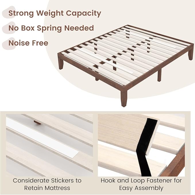 COSTWAY Wood Platform Bed Frame, 14 Inches Solid Rubber Wood Bed Mattress Foundation with Sturdy Slats Support, Easy Assembly Bed Frame for Home Hotel, No Box Spring Needed (Walnut, King)
