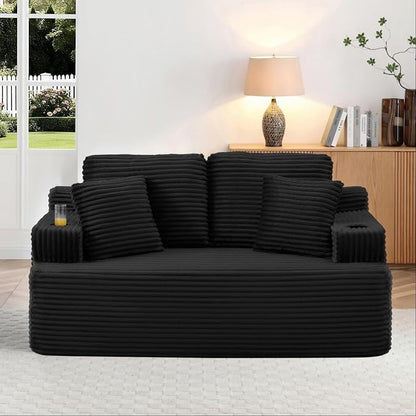 66.5'' Boneless Sofa Couch with Cup Holders & Side Pockets, Modern Corduroy Fabric Upholstered Loveseat Couch with 2 Throw Pillows for Living Room Office, No Assembly (Black)