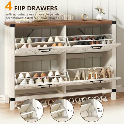 YOMILUVE Shoe Storage Cabinet with 4 Flip Drawers, Farmhouse Shoe Cabinet for Entryway, Slim Shoe Rack Freestanding Shoe Organizer with Barn Door, Brown and White