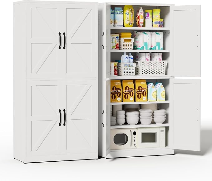64" H White Steel Kitchen Pantry Storage Cabinet with Barn Doors | Metal Farmhouse Cabinets for Living Room, Bathroom, Heavy Duty Rustic Pantry