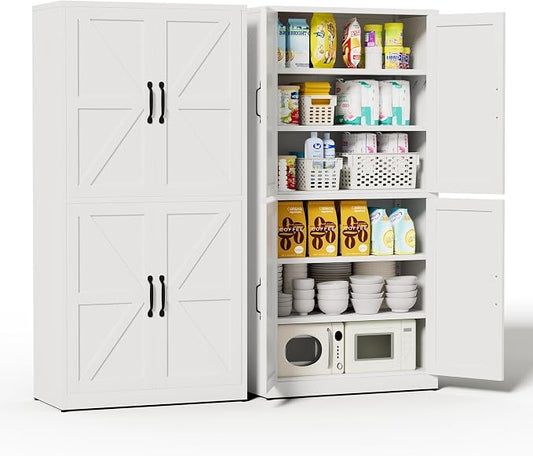 64" H White Steel Kitchen Pantry Storage Cabinet with Barn Doors | Metal Farmhouse Cabinets for Living Room, Bathroom, Heavy Duty Rustic Pantry