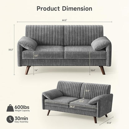 ONBRILL 64.5" Loveseat Sofa, Chenille Loveseat Couch for Living Room, 23.2" Deep Seat Love Seat with Padded Arms, Comfy Modern Small Couches for Bedroom, Small Spaces, Dorms, Office, Grey