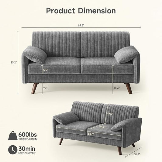 ONBRILL 64.5" Loveseat Sofa, Chenille Loveseat Couch for Living Room, 23.2" Deep Seat Love Seat with Padded Arms, Comfy Modern Small Couches for Bedroom, Small Spaces, Dorms, Office, Grey