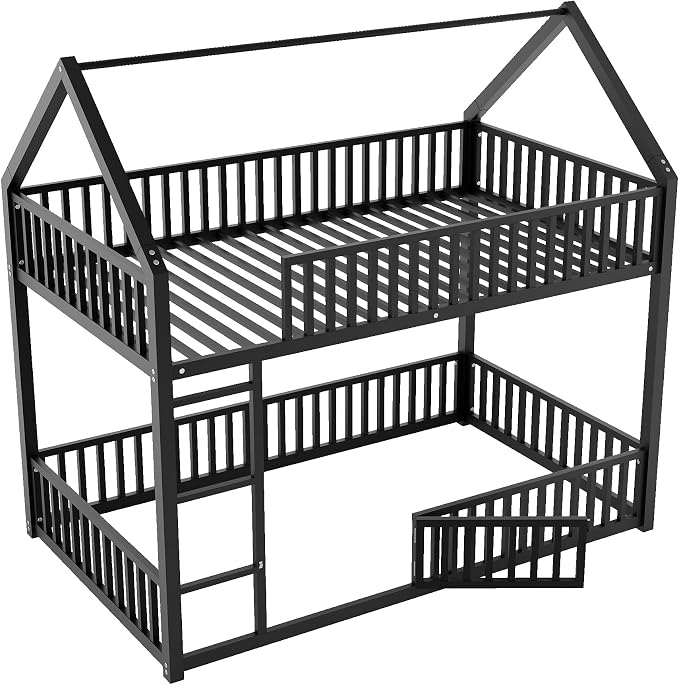 RuiSiSi Twin Over Twin House Bunk Bed, Metal Floor Bunk Beds with Safety Guardrails and Roof for Kids, Twin Bunk Bed Frame with Fenced Rails for Bedroom, No Box Spring Needed, Black