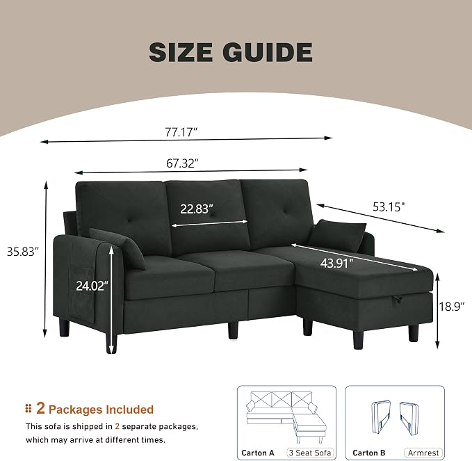 Convertible L-Shaped Sectional Sofa, 3-Seat Sofa Couches with Storage Ottoman & 2 Pillows and Side Storage Pockage, Small Modern Couch for Living Room, Apartment and Office, Black