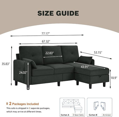 Convertible L-Shaped Sectional Sofa, 3-Seat Sofa Couches with Storage Ottoman & 2 Pillows and Side Storage Pockage, Small Modern Couch for Living Room, Apartment and Office, Black