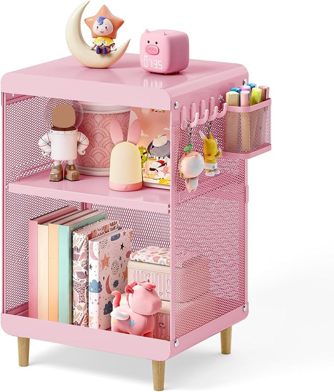 SYKIARIOL Kids Nightstand for Girls, Metal Bedside Table with 4 Hooks & Hanging Basket, 3-Tier Storage Shelf, Toddler Night Stand for Bedroom, Pink
