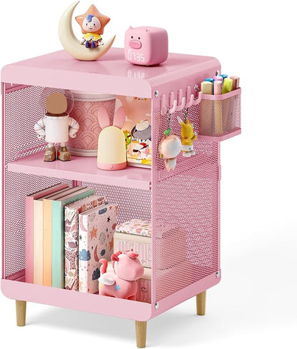 SYKIARIOL Kids Nightstand for Girls, Metal Bedside Table with 4 Hooks & Hanging Basket, 3-Tier Storage Shelf, Toddler Night Stand for Bedroom, Pink
