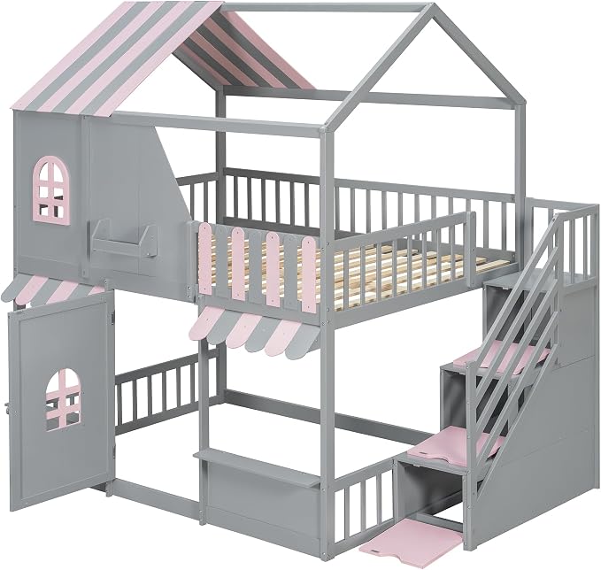Merax Full Over Full Wood House Bunk Bed with Storage Staircase & Shelves, Floor Multifunction Bunk Bed with Full Length Gardrails for Bedroom,Playhouse Design, Roof & Door, Space Saving, Gray+Pink