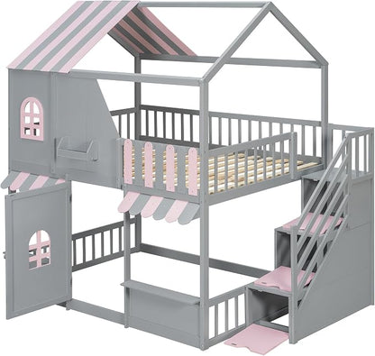 Merax Full Over Full Wood House Bunk Bed with Storage Staircase & Shelves, Floor Multifunction Bunk Bed with Full Length Gardrails for Bedroom,Playhouse Design, Roof & Door, Space Saving, Gray+Pink