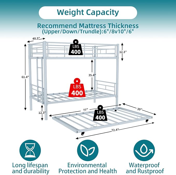 Twin Over Twin Metal Bunk Bed with Trundle,Can be Divided Into Two Bed with Ladder & Guard Rail for Adults,No Box Spring Needed, Noise Free (White)