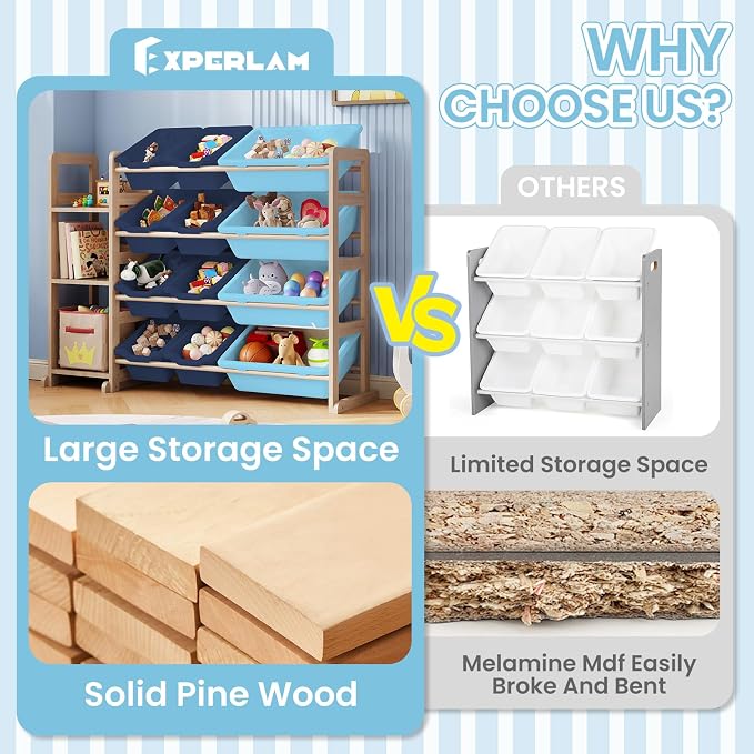Toy Storage Organizer - Toy Organizers and Storage with Bookshelf, Toy Storage Shelf with 3 Shelves and 12 Storage Bins, Kids Bookshelf and Toy Storage for Kids Room, Playroom, Bedroom, Nursery, Blue