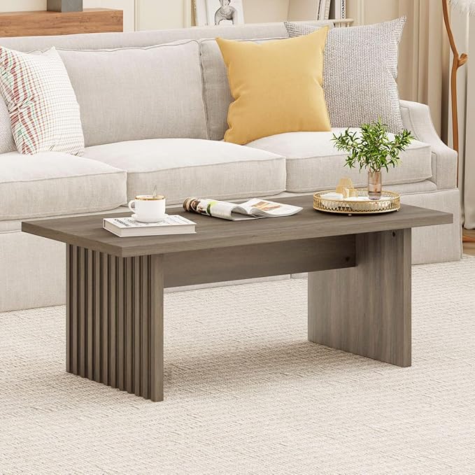 BON AUGURE 43 Inch Coffee Table, Fluted Wood Living Room Tables, Rectangle Gray Coffee Tables for Living Room, Grey Center Table for Home, Office (Greige Oak)