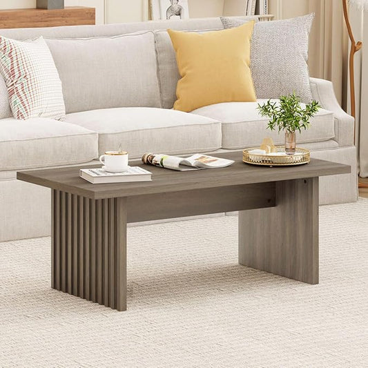 BON AUGURE 43 Inch Coffee Table, Fluted Wood Living Room Tables, Rectangle Gray Coffee Tables for Living Room, Grey Center Table for Home, Office (Greige Oak)