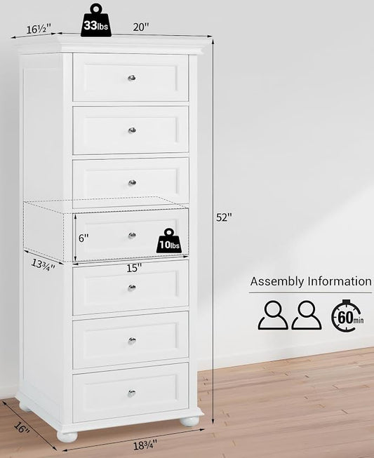 Tall Skinny Dresser for Bedroom with 7 Drawers, White Narrow Wood Dresser | Tall Vertical Chest of Drawers Dresser for Closet Storage, Silent Glide System, Zinc Alloy Knobs, 20" W x 16.5" D x 52" H