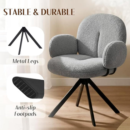 Cute Desk Chair No Wheels Set of 2, 360° Swivel Accent Chairs with Arms, Modern Upholstered Dining Room Chairs with Tufted Cushion, Accent Chairs for Home Office/Bedroom/Kitchen, Teddy Sherpa, Grey