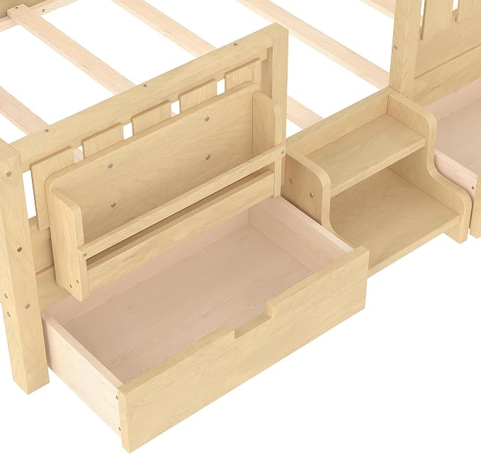 Bellemave Twin Floor Bed with Stairs, Rails and Slats, Twin Size Montessori Floor Bed with Bookshelf and 2 Storage Drawers, Easy Assemble Montessori Beds Frame for Girls, Boys, Light Natural