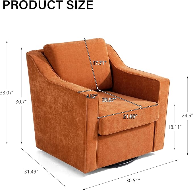 Swivel Accent Chair, Modern Round Barrel Arm Chair for Living Room, Bedroom, Comfy Club Reading Chairs for Adults (Chenille Orange, Set of 1)