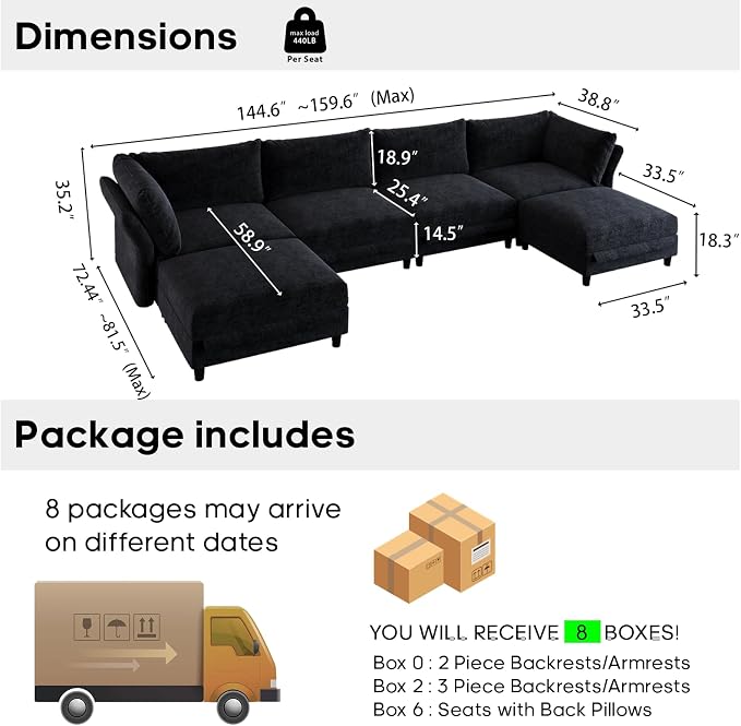 DreamDashio 159" Oversized Cloud Couch Sectional with Storage, Extra Wide Deep Modular Sectional Sofa for Living Room with Adjustable Arms, High Back, U Shaped, 6 Seater, Dark Grey Chenille