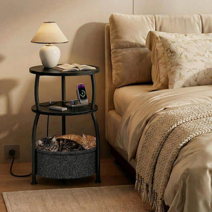 Round Side Table with Charging Station, USB Type C Port, Black | Round End Table with Basket for Living Room, Space Saving, Tall Night Stand for Bedroom Dorm,15.75in Metal and Wood, Rustic