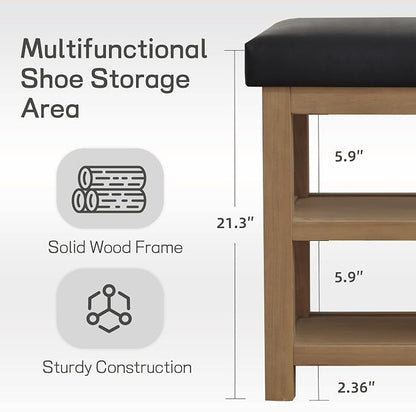 Zihanhome Shoe Rack Bench with Leather Cushion, 2 Tier Solid Wood Storage Bench, Mid-Century Modern Shoe Bench for Entryway, Hallway, Closet, Front Door Entrance, Foyer (Black, 31.5)