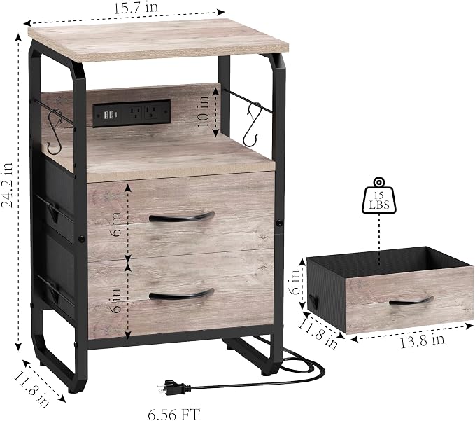 runjuly Nightstand with Drawers, Storage Night Stand with Charging Station Type C Port, Small Side Table with Hooks, Wood Metal End Table for Living Room, Bedroom, Dorm, Greige