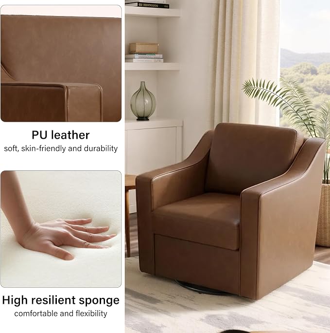 Swivel Accent Chair, Modern Round Barrel Arm Chair for Living Room, Bedroom, Comfy Club Reading Chairs for Adults (Leather Coffee, Set of 1)