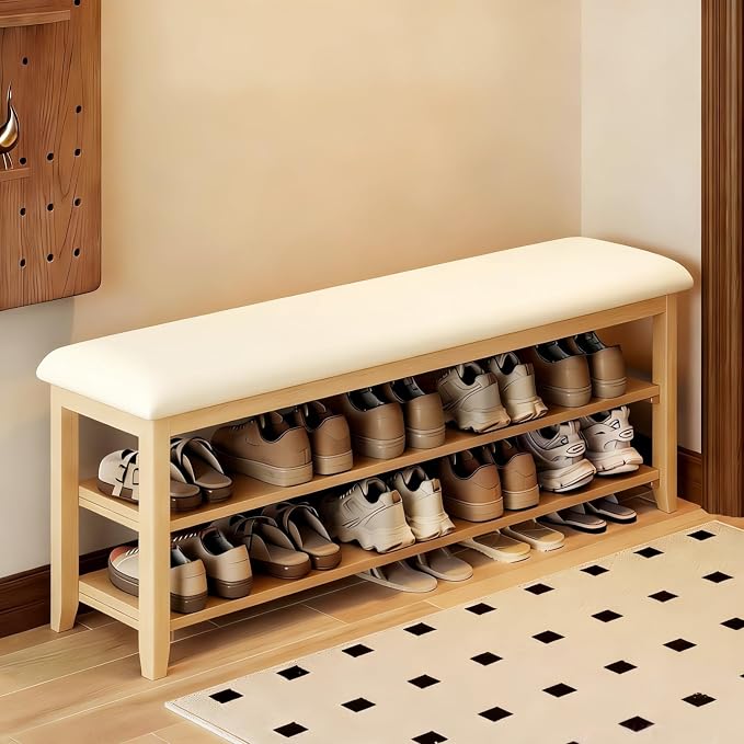 Shoe Bench Storage with Leather Cushion, Rustic Solid Wood Entryway Bench with 2 Height-Adjustable and Removable Shelves for Hallway, Living Room, Mudrooms (Natural Wood,39.4")