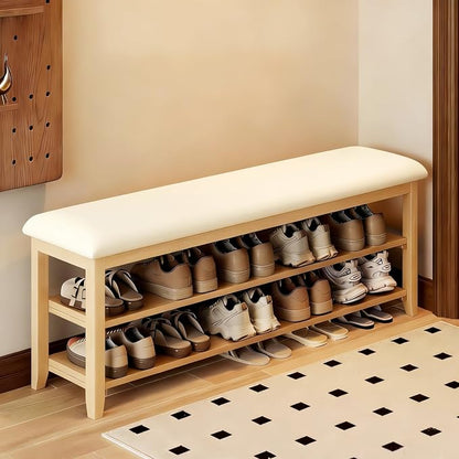 Shoe Bench Storage with Leather Cushion, Rustic Solid Wood Entryway Bench with 2 Height-Adjustable and Removable Shelves for Hallway, Living Room, Mudrooms (Natural Wood,39.4")