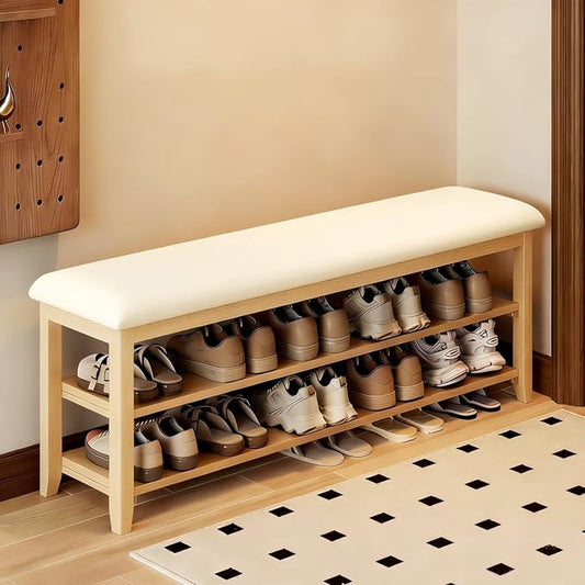 Shoe Bench Storage with Leather Cushion, Rustic Solid Wood Entryway Bench with 2 Height-Adjustable and Removable Shelves for Hallway, Living Room, Mudrooms (Natural Wood,39.4")