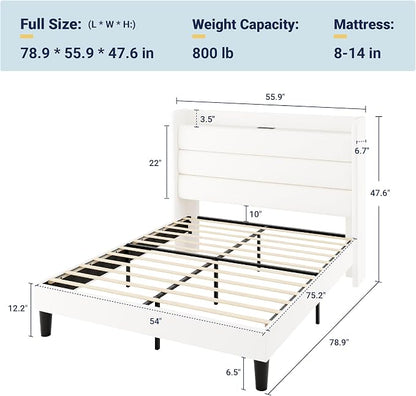 Allewie Full Size Upholstered Bed Frame with Charging Station & Storage Headboard, Soft Velvet Wingback Platform Bed, Strong Wooden Slats Support, No Box Spring Needed, Easy Assembly, White