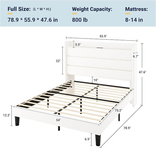 Allewie Full Size Upholstered Bed Frame with Charging Station & Storage Headboard, Soft Velvet Wingback Platform Bed, Strong Wooden Slats Support, No Box Spring Needed, Easy Assembly, White