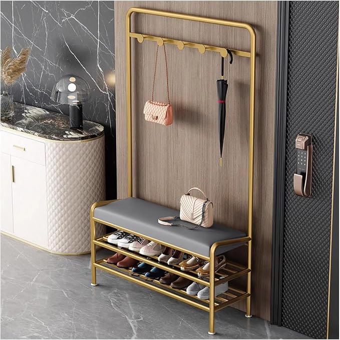 Narrow Hall Tree Storage Bench for Entryway, Coat Rack Shoe Bench Metal, Freestanding Coat Tree with Storage Shelf and Hooks, Entryway Bench with Shoe Storag(Grey-80 x 29 x 173 cm