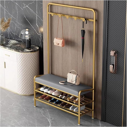 Narrow Hall Tree Storage Bench for Entryway, Coat Rack Shoe Bench Metal, Freestanding Coat Tree with Storage Shelf and Hooks, Entryway Bench with Shoe Storag(Grey-80 x 29 x 173 cm