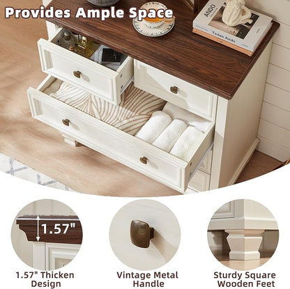 SAVOR LIFE Farmhouse Dresser and Nightstand Sets of 3, 6/5 Drawer Dresser & 2 Drawer Nightstand, Rustic White Bedroom Furniture Set for Home, Bedroom, Hallway, White