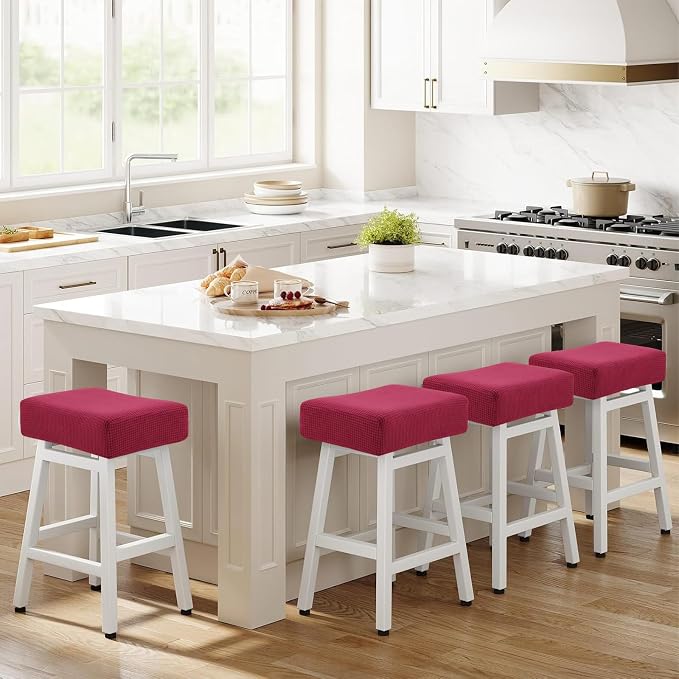 YISUN Stool Covers Rectangle - 4 Pack Stretch Waterproof Saddle Seat Cover Counter Bar Stools Bar Chairs Covers Kitchen Island Chairs Cushion Protector (4, Wine Red)