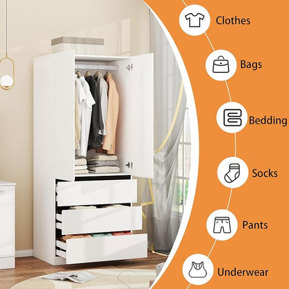 Armoire Wardrobe Closet with Drawers：75" Large White Wardrobe Closet Cabinet with 2 Doors for Hanging Clothes, Modern Wooden Bedroom Armoires with 3 Drawers and Storage (B-Style, 31.5")