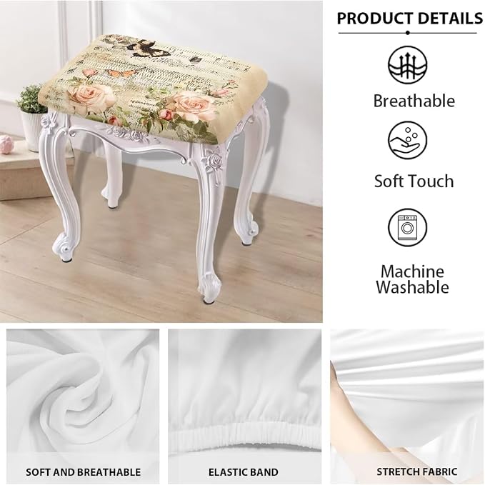 Retro Rose Butterfly Bar Stool Seat Covers Rectangle Stool Covers 2pcs Bench Covers Slipcover Rectangle Stretch Counter Height Bar Stools Slipcovers Counter Stool Covers Saddle Seat Cover