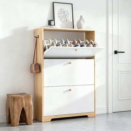 Nicetree Shoe Cabinet with 3 Flip Drawers，Freestanding Shoe Storage Cabinet, Narrow Shoe Organizer Cabinet, Farmhouse Slim Shoe Rack Cabinet for Entryway, Natural Oak and White with Hook