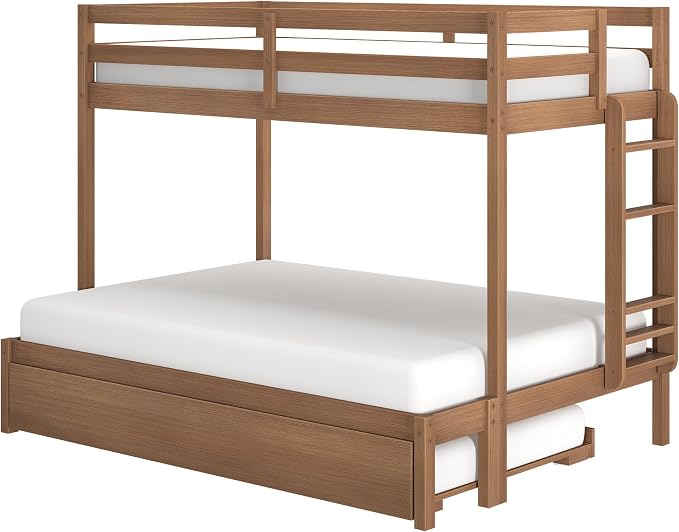 Grain & Grove Bear Twin Over Full Bunk Bed with Trundle Bed, Sturdy Bunk Bed Frame for Kids, Plywood Bunk with Ladder, Guardrail, and Slats, No Box Spring Required, Oak Embossed Pecan