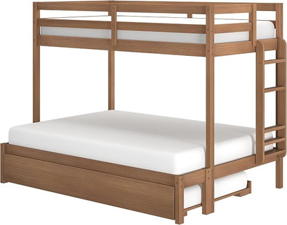 Grain & Grove Bear Twin Over Full Bunk Bed with Trundle Bed, Sturdy Bunk Bed Frame for Kids, Plywood Bunk with Ladder, Guardrail, and Slats, No Box Spring Required, Oak Embossed Pecan