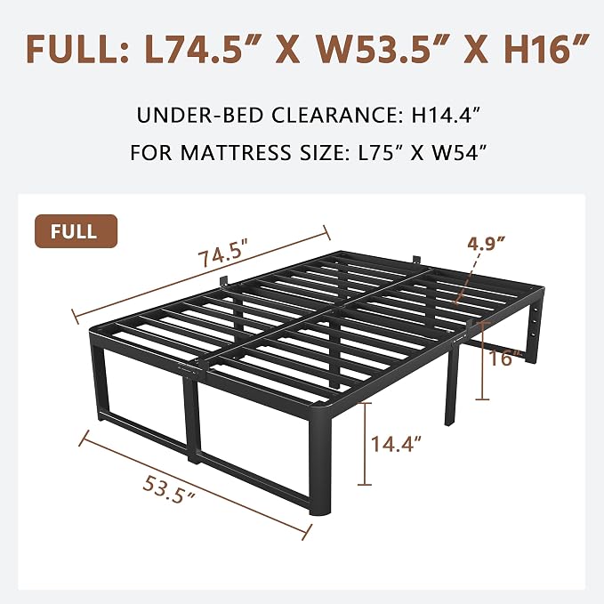 ZTH Full Size Metal Platform Bed Frame 16 in, No Box Spring Needed, Black | Heavy duty support, Underbed storage, Noise-free design, Anti-slip clips, Rounded legs, Easy assembly, Headboard compatible