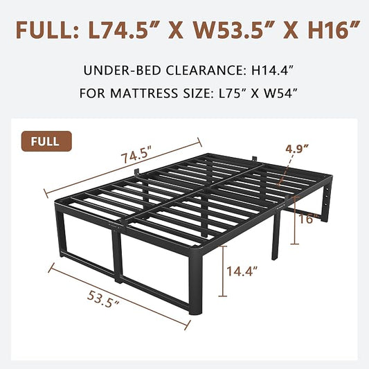 ZTH Full Size Metal Platform Bed Frame 16 in, No Box Spring Needed, Black | Heavy duty support, Underbed storage, Noise-free design, Anti-slip clips, Rounded legs, Easy assembly, Headboard compatible