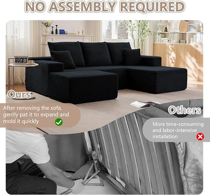 107" Comfy U-Shaped Sectional Modern Boneless Corduroy Couch with Chaise - No Assembly Required! Deep-Seat, Upholstered Modular Cloud Sofa for Living Room, Plush Corduroy Fabric(Black)