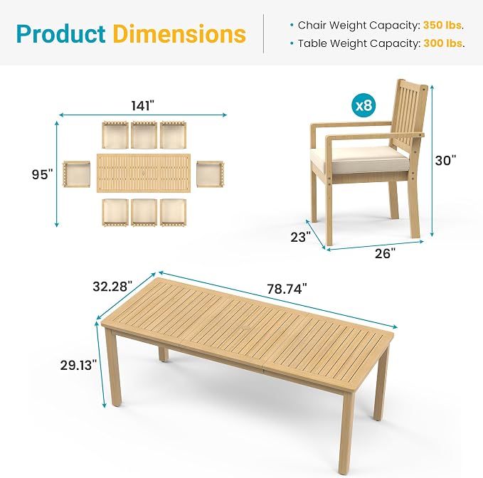 FansaFurn 9 Pieces Acacia Outdoor Patio Table and Chairs Set for All-Weather, Outside Furniture with Table Umbrella Hole and Removable Cushion for 8, Outdoor Patio Furniture Set for Garden, Beige