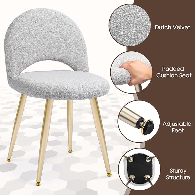 Vanity Chair with Backrest, Boucle Upholstery Armless Makeup Stool, Gray Vanity Stool with Gold Metal Legs for Bedroom Living Room Kitchen Dinning Room (Gold and Light Gray)